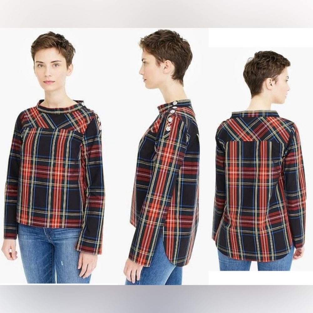 J. Crew Funnelneck Shirt in Stewart Tartan Plaid with Jeweled Buttons Size 0